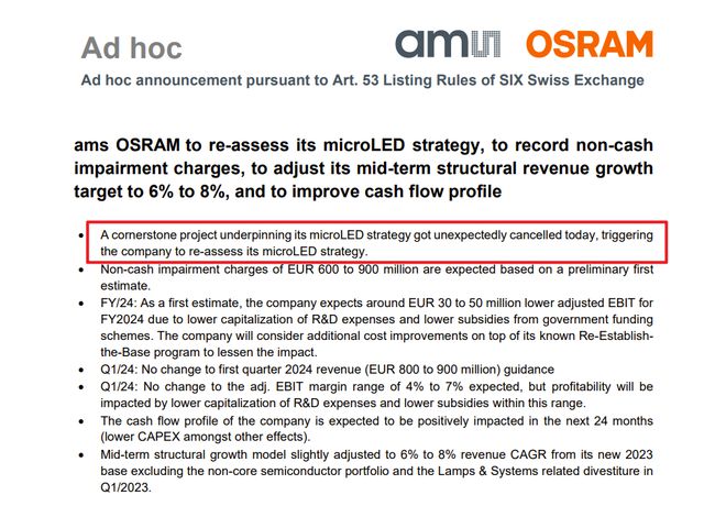 ams OSRAM宣布Micro LED重要项目意外取消(图1)