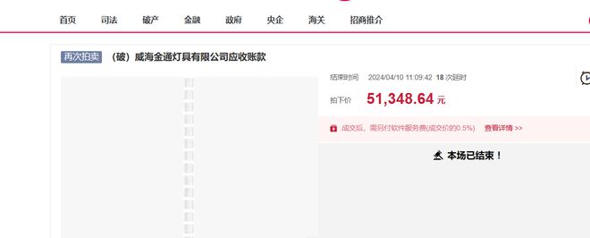 山东威海一灯具厂破产1384万应收款拍卖被人5万元就拿下(图1)